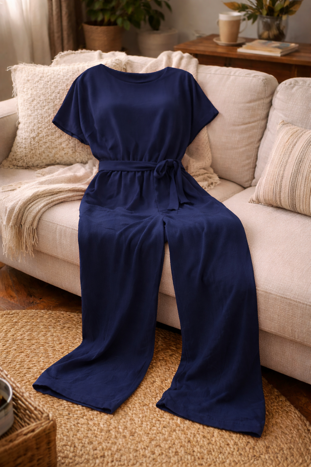 Damen Jumpsuit – Weite Beine, Bindegürtel & Leicht Tailliert