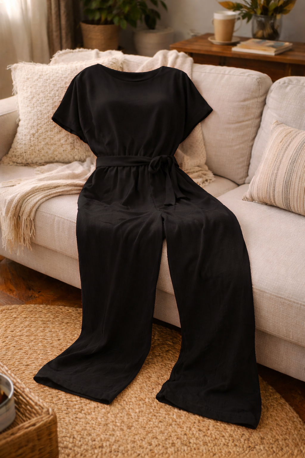 Damen Jumpsuit – Weite Beine, Bindegürtel & Leicht Tailliert