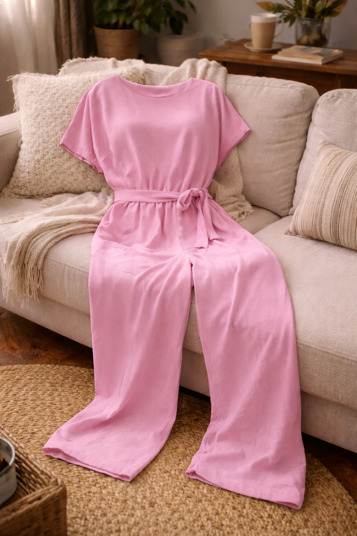 Damen Jumpsuit – Weite Beine, Bindegürtel & Leicht Tailliert