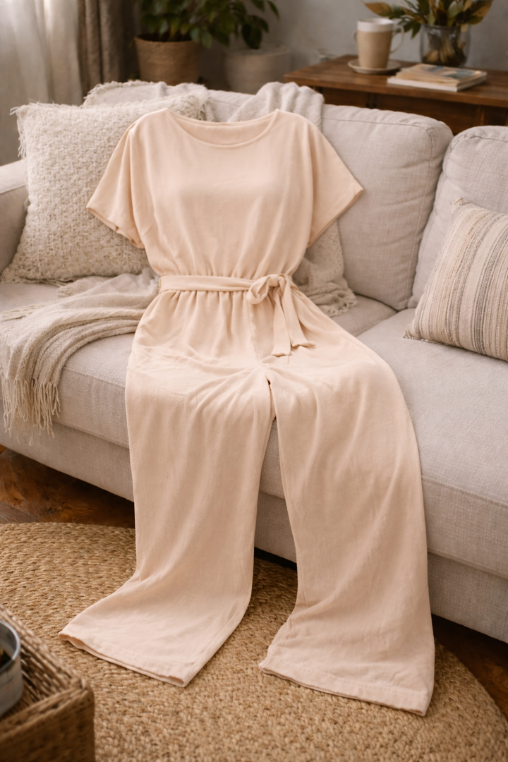 Damen Jumpsuit – Weite Beine, Bindegürtel & Leicht Tailliert