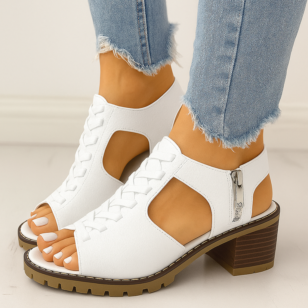 Boston | Damen Leder Peeptoe-Sandalen – Gravur-Detail, Dicker Absatz & Elegant
