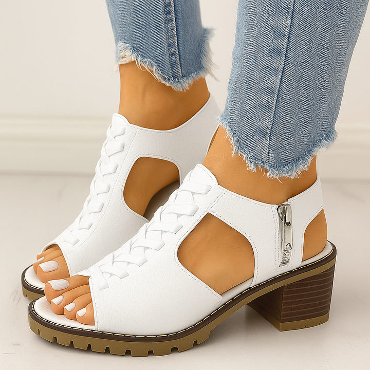 Boston | Damen Leder Peeptoe-Sandalen – Gravur-Detail, Dicker Absatz & Elegant