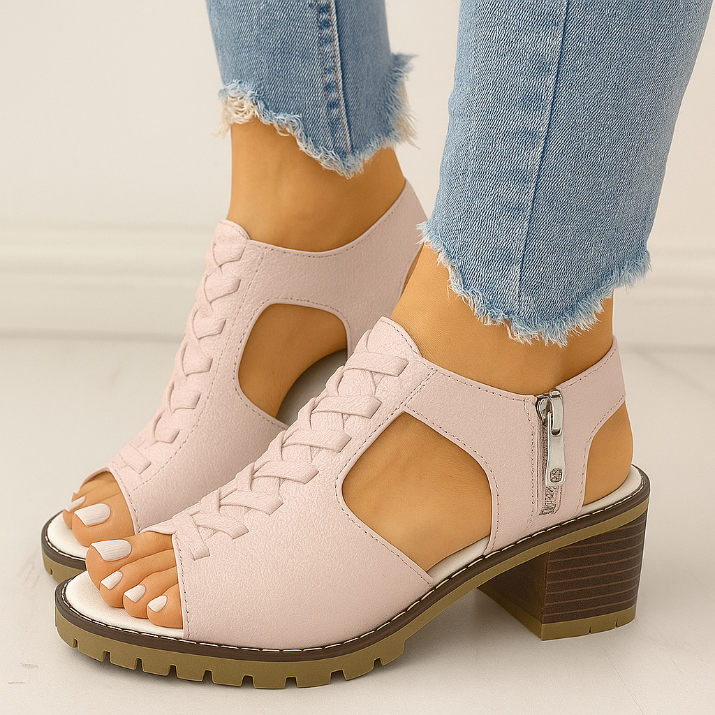 Boston | Damen Leder Peeptoe-Sandalen – Gravur-Detail, Dicker Absatz & Elegant