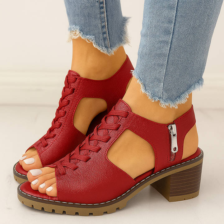 Boston | Damen Leder Peeptoe-Sandalen – Gravur-Detail, Dicker Absatz & Elegant