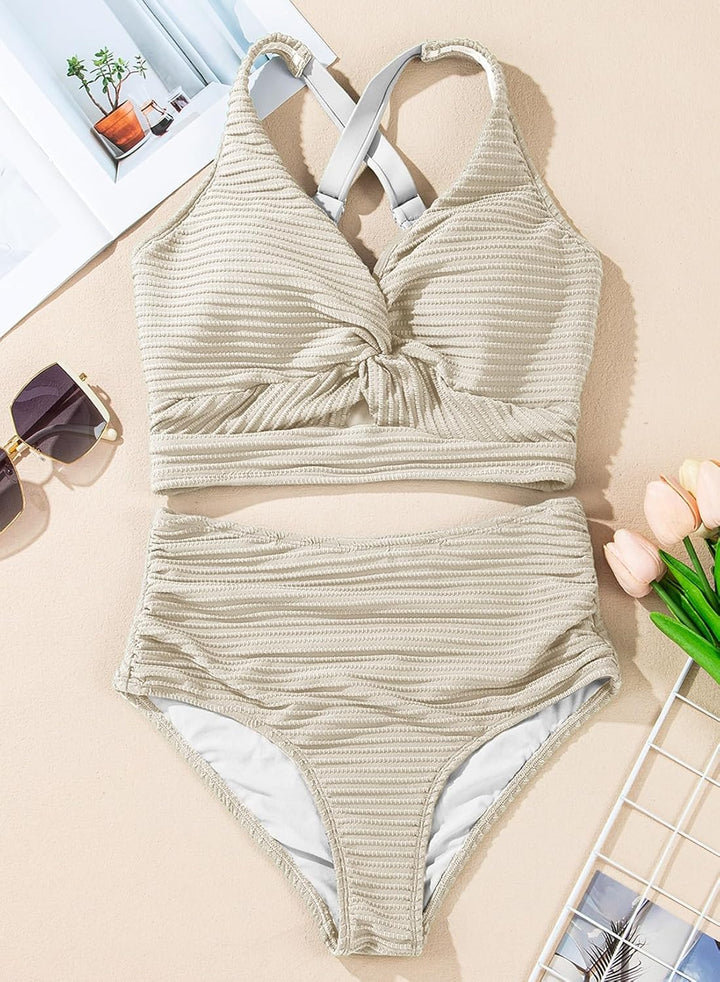 Damen Bikini Set | Strukturierte Ripp-Optik, Twist-Detail Top, High-Waist Schnitt & Moderner Beach-Look