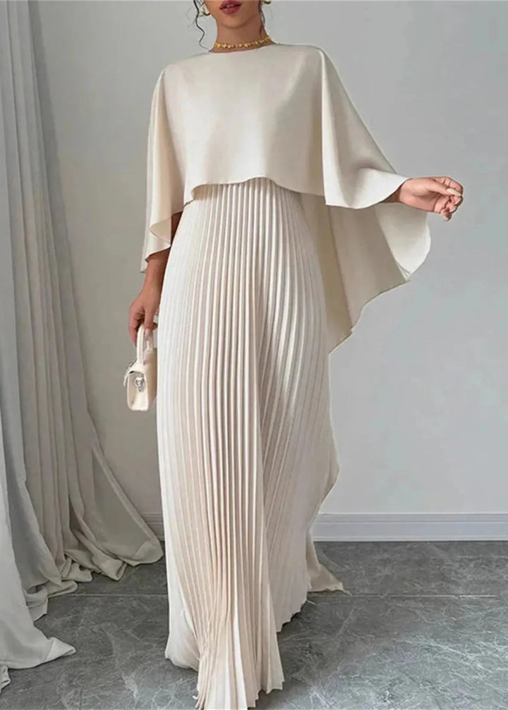 Damen Plissee-Maxikleid | Eleganter Cape-Look, Fliessende Silhouette, Langarm Design & Zeitlose Abend-Eleganz