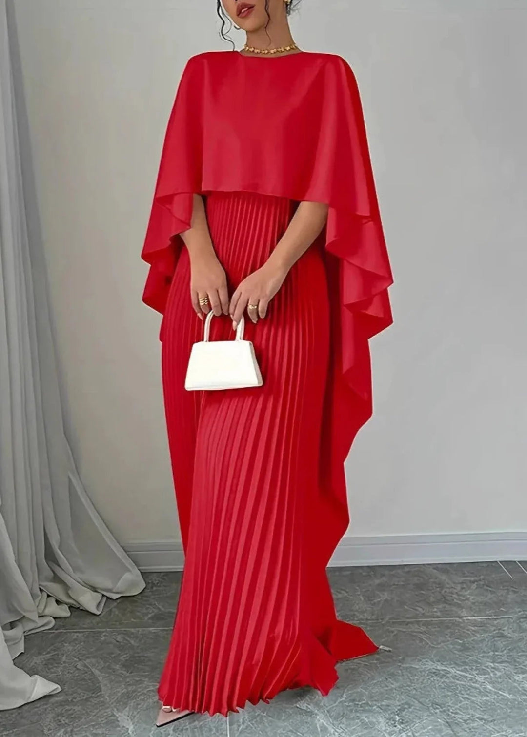 Damen Plissee-Maxikleid | Eleganter Cape-Look, Fliessende Silhouette, Langarm Design & Zeitlose Abend-Eleganz