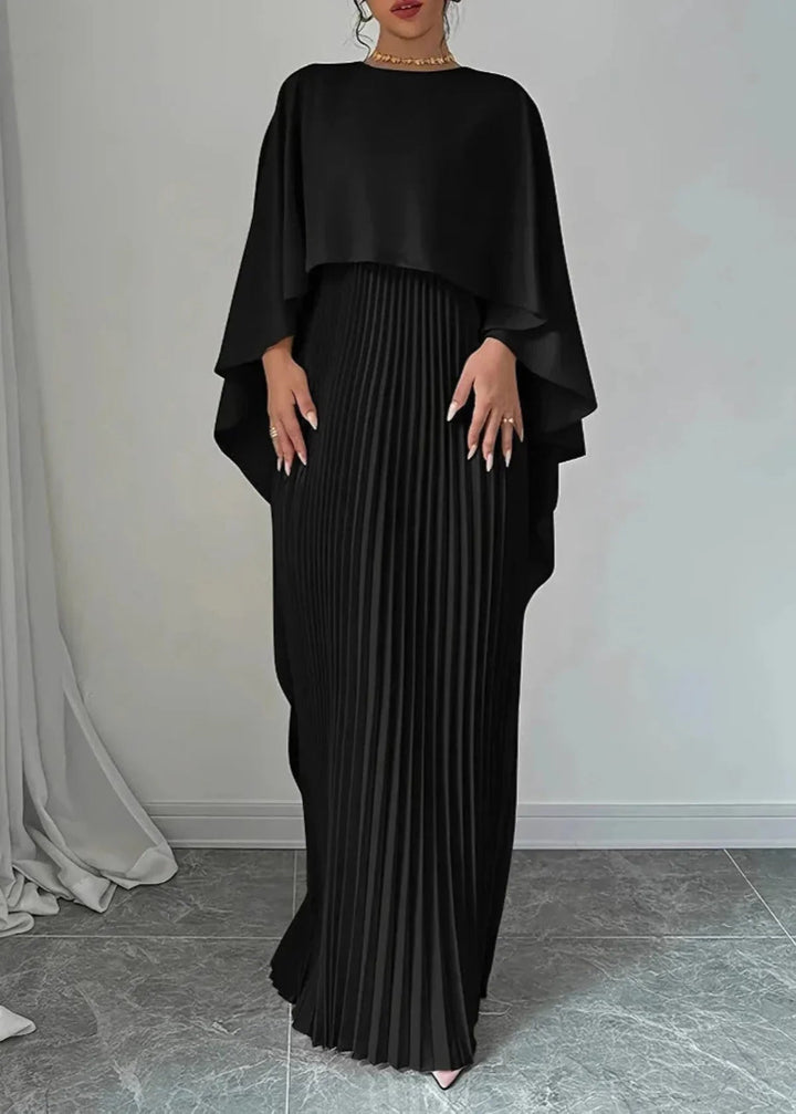 Damen Plissee-Maxikleid | Eleganter Cape-Look, Fliessende Silhouette, Langarm Design & Zeitlose Abend-Eleganz