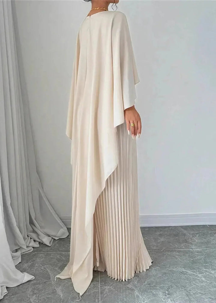 Damen Plissee-Maxikleid | Eleganter Cape-Look, Fliessende Silhouette, Langarm Design & Zeitlose Abend-Eleganz