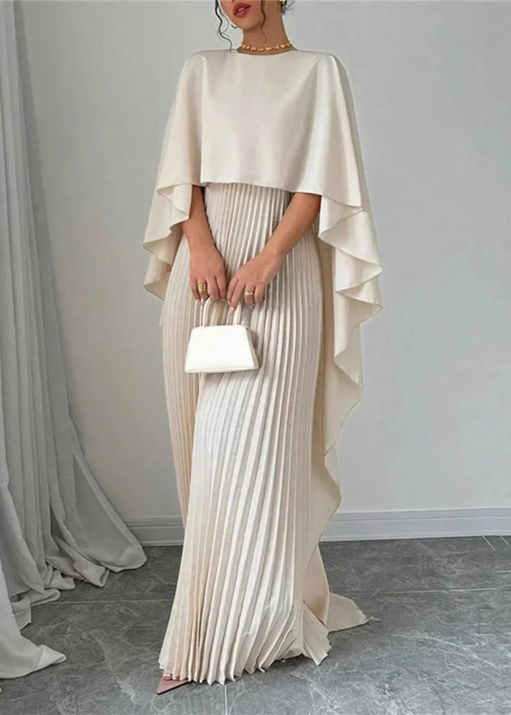 Damen Plissee-Maxikleid | Eleganter Cape-Look, Fliessende Silhouette, Langarm Design & Zeitlose Abend-Eleganz