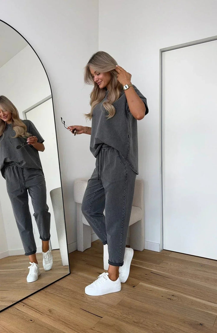 Damen Lounge Zweiteiler Set | Casual Design – Kurzarm Shirt, Jogger Hose & Moderner Minimal Chic Stil