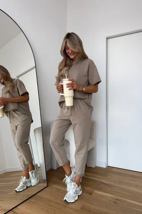 Damen Lounge Zweiteiler Set | Casual Design – Kurzarm Shirt, Jogger Hose & Moderner Minimal Chic Stil