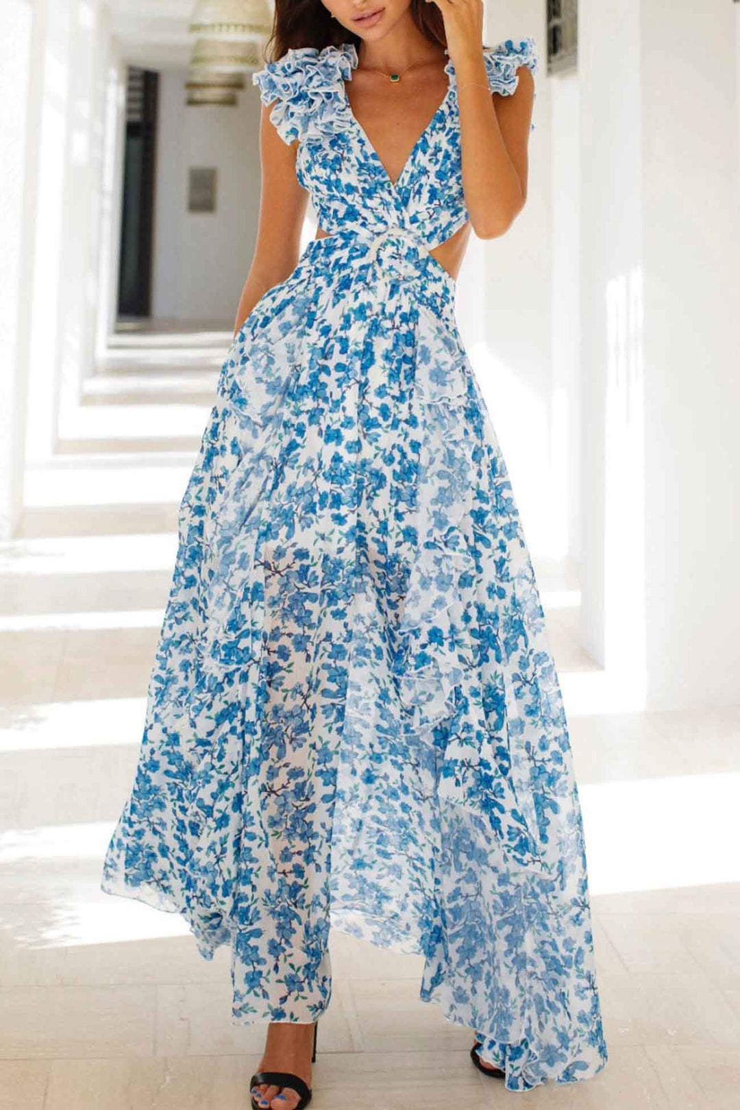 Damen Langes Blumenmuster-Kleid – V-Ausschnitt, Rüschenärmel & Romantisch