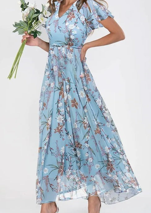 Damen Blumen-Maxikleid | V-Ausschnitt – Rüschenärmel, Fliessender Schnitt & Sommerlich Elegant