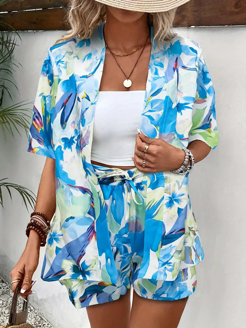 Damen Kimono Zweiteiler Set | Florales Muster – Leichter Sommer Look, Luftiger Schnitt & Strand Style