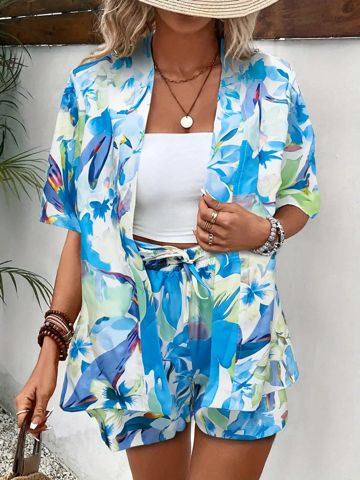 Damen Kimono Zweiteiler Set | Florales Muster – Leichter Sommer Look, Luftiger Schnitt & Strand Style