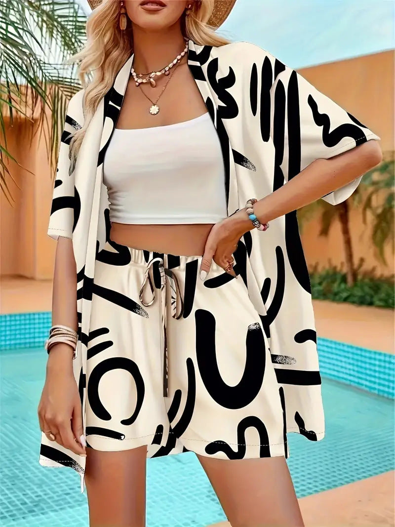 Damen Kimono Zweiteiler Set | Florales Muster – Leichter Sommer Look, Luftiger Schnitt & Strand Style