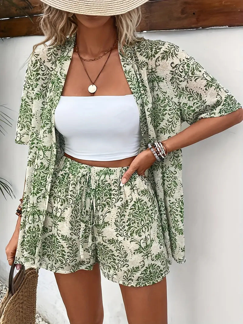 Damen Kimono Zweiteiler Set | Florales Muster – Leichter Sommer Look, Luftiger Schnitt & Strand Style