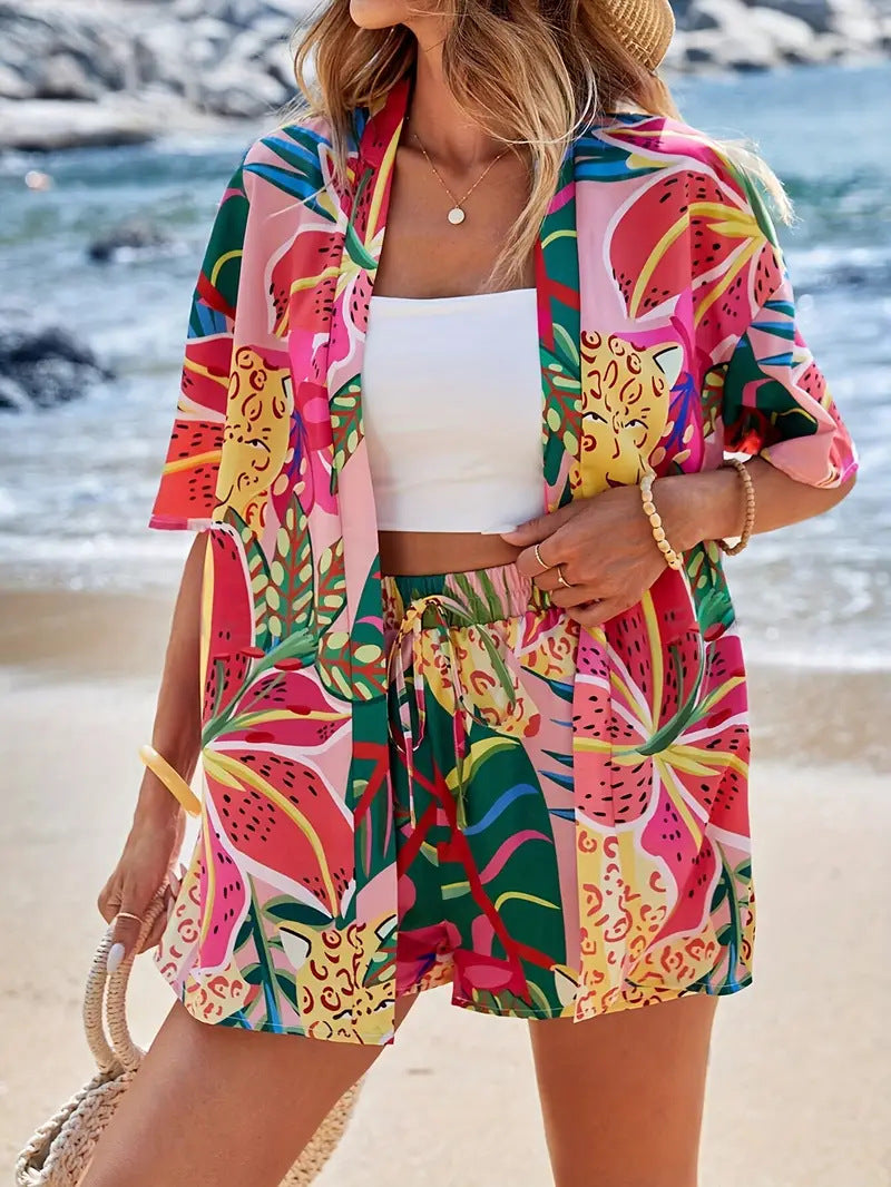 Damen Kimono Zweiteiler Set | Florales Muster – Leichter Sommer Look, Luftiger Schnitt & Strand Style