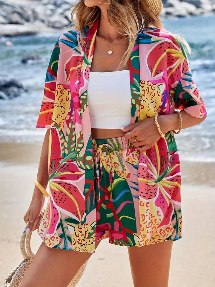Damen Kimono Zweiteiler Set | Florales Muster – Leichter Sommer Look, Luftiger Schnitt & Strand Style