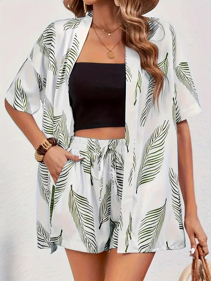 Damen Kimono Zweiteiler Set | Florales Muster – Leichter Sommer Look, Luftiger Schnitt & Strand Style