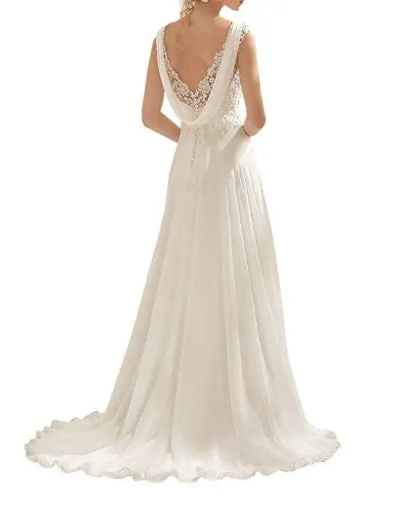 Damen Braut-Maxikleid | Spitzen-Design – V-Ausschnitt, Fliessend, Romantisch & Hochzeits-Eleganz