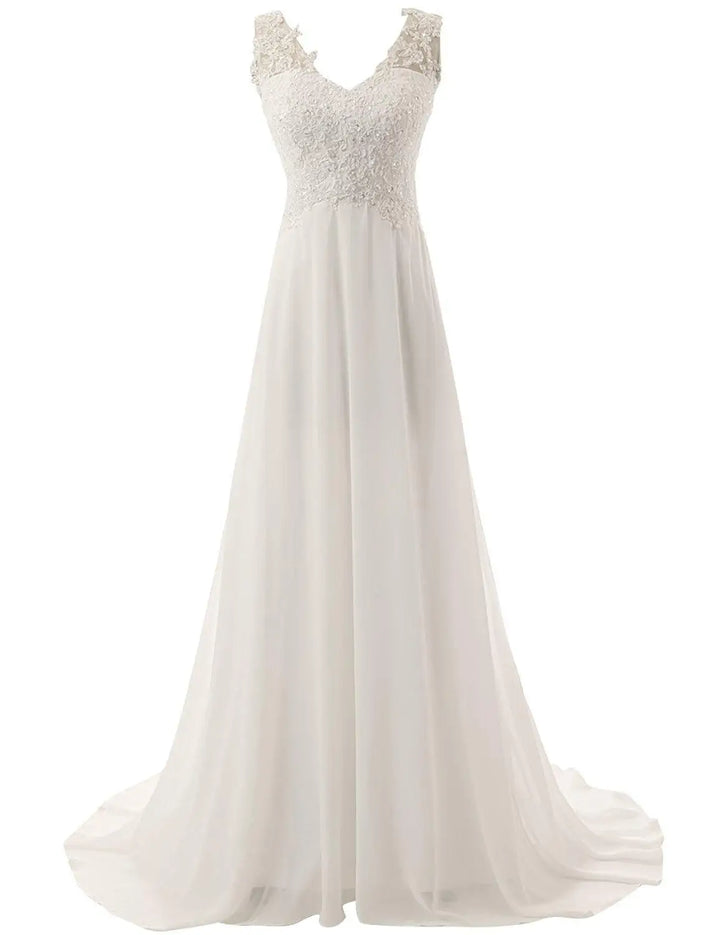 Damen Braut-Maxikleid | Spitzen-Design – V-Ausschnitt, Fliessend, Romantisch & Hochzeits-Eleganz