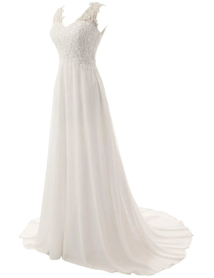 Damen Braut-Maxikleid | Spitzen-Design – V-Ausschnitt, Fliessend, Romantisch & Hochzeits-Eleganz