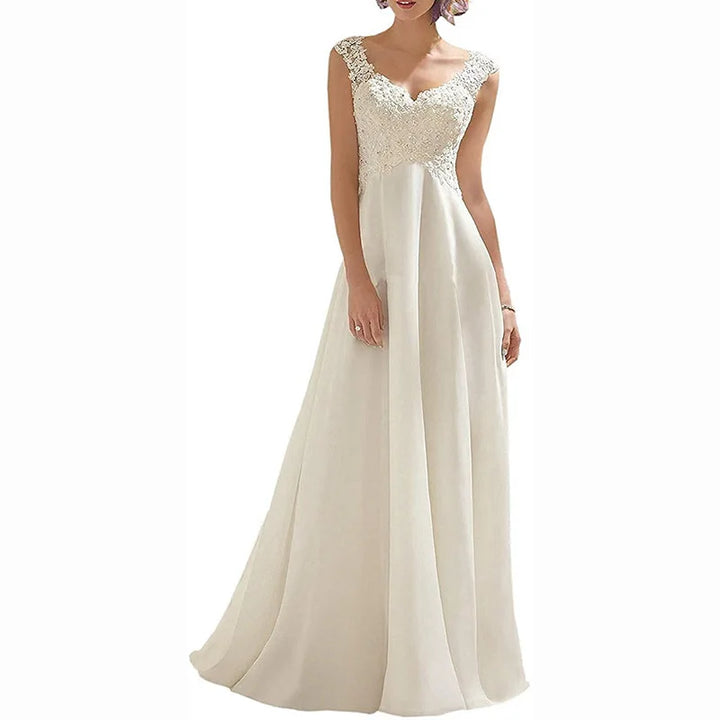 Damen Braut-Maxikleid | Spitzen-Design – V-Ausschnitt, Fliessend, Romantisch & Hochzeits-Eleganz