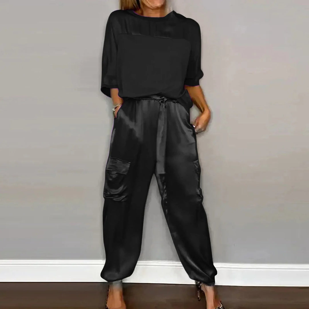 Damen Zweiteiler Set | Satin Look – Lockerer Schnitt, Cargo Details & Moderner Casual Chic Stil