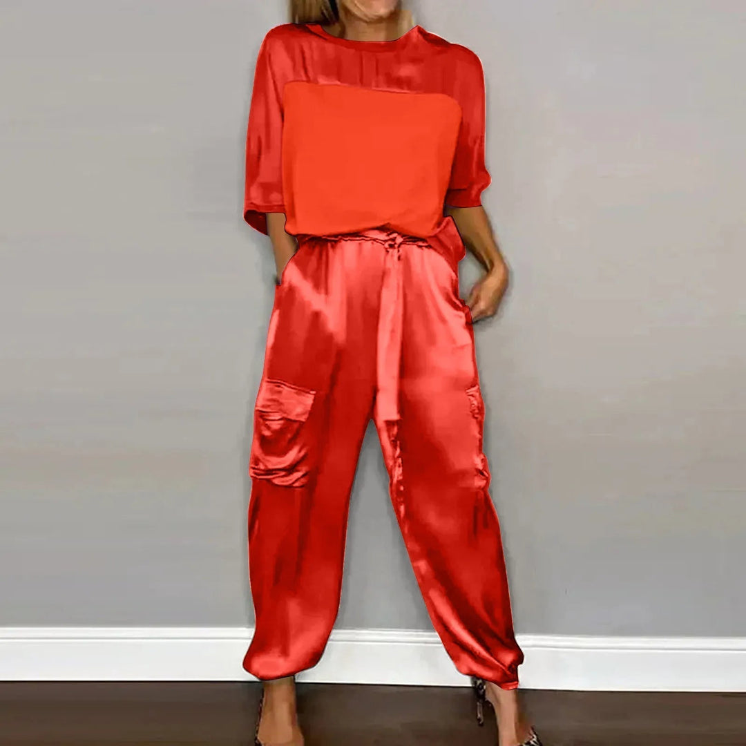 Damen Zweiteiler Set | Satin Look – Lockerer Schnitt, Cargo Details & Moderner Casual Chic Stil
