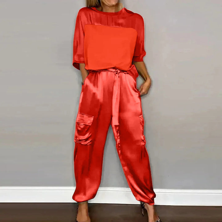 Damen Zweiteiler Set | Satin Look – Lockerer Schnitt, Cargo Details & Moderner Casual Chic Stil
