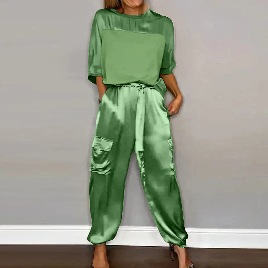 Damen Zweiteiler Set | Satin Look – Lockerer Schnitt, Cargo Details & Moderner Casual Chic Stil