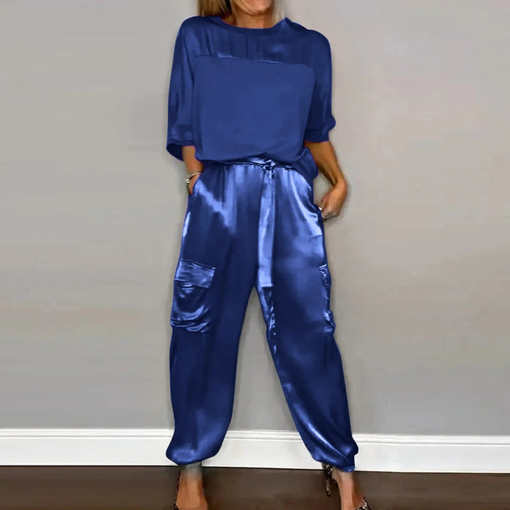 Damen Zweiteiler Set | Satin Look – Lockerer Schnitt, Cargo Details & Moderner Casual Chic Stil