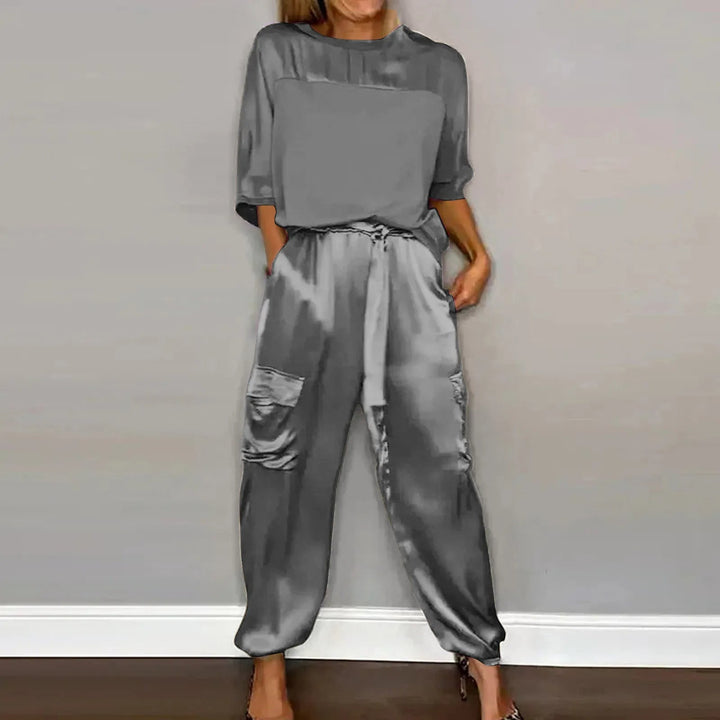 Damen Zweiteiler Set | Satin Look – Lockerer Schnitt, Cargo Details & Moderner Casual Chic Stil