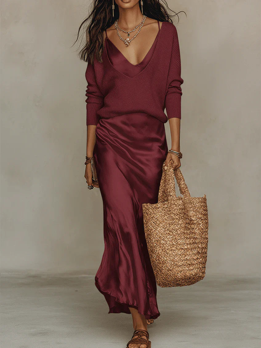 Damen Slip Maxikleid | V-Ausschnitt Design – Schmale Träger, Fliessende Silhouette & Eleganter Abendstil
