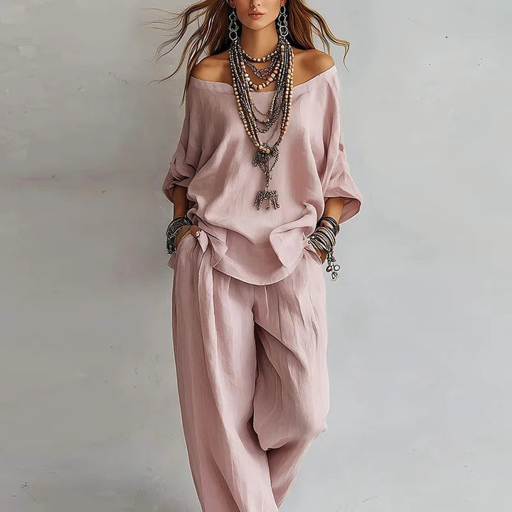 Damen Zweiteiler Set | Off-Shoulder Design – Weites Bein, Fließender Stoff & Moderner Boho Chic Stil