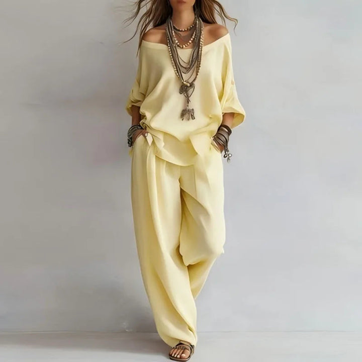 Damen Zweiteiler Set | Off-Shoulder Design – Weites Bein, Fließender Stoff & Moderner Boho Chic Stil