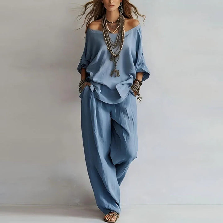 Damen Zweiteiler Set | Off-Shoulder Design – Weites Bein, Fließender Stoff & Moderner Boho Chic Stil