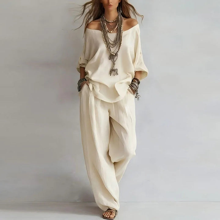 Damen Zweiteiler Set | Off-Shoulder Design – Weites Bein, Fließender Stoff & Moderner Boho Chic Stil