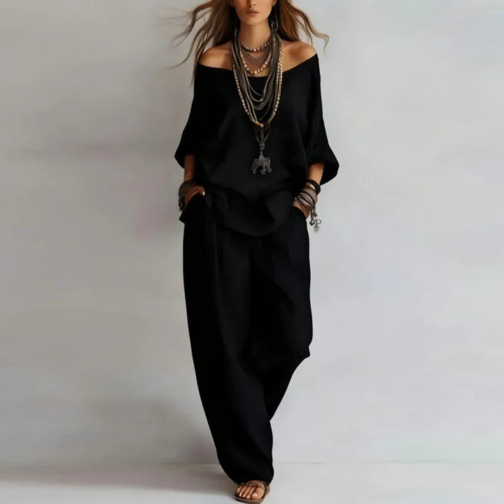 Damen Zweiteiler Set | Off-Shoulder Design – Weites Bein, Fließender Stoff & Moderner Boho Chic Stil