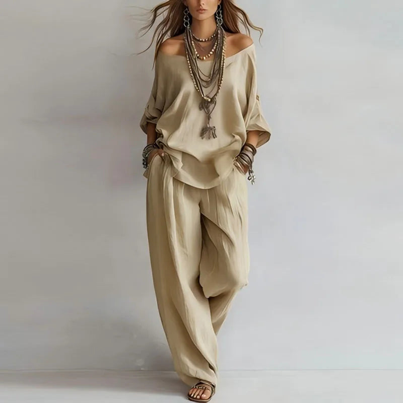 Damen Zweiteiler Set | Off-Shoulder Design – Weites Bein, Fließender Stoff & Moderner Boho Chic Stil