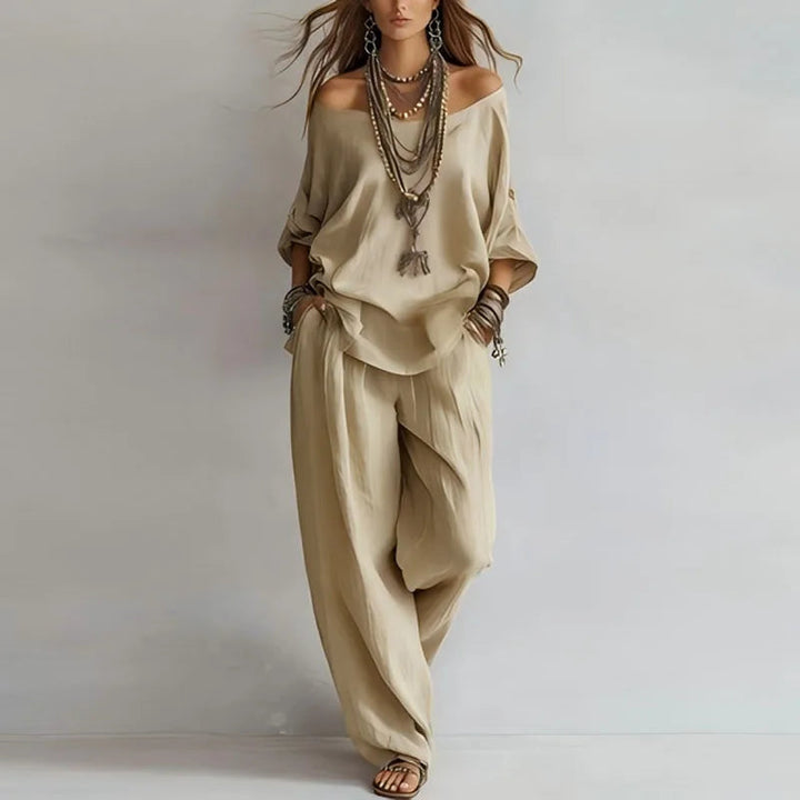 Damen Zweiteiler Set | Off-Shoulder Design – Weites Bein, Fließender Stoff & Moderner Boho Chic Stil