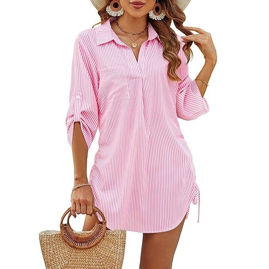 Damen Beach Shirt Kleid | Gestreift – Knopfverschluss, Lockerer Schnitt, 3/4 Ärmel & Sommerlicher Strandlook