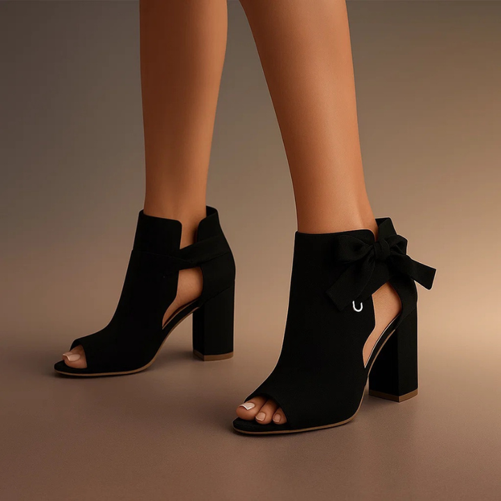 Damen High Heel Sandalen | Blockabsatz Design – Schleifendetail, Knöchelriemen & Eleganter Abend Stil