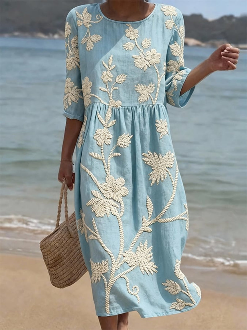 Damen Strand Maxikleid | Besticktes Blumenmuster – Luftiger Schnitt, 3/4 Ärmel & Boho Sommer Stil