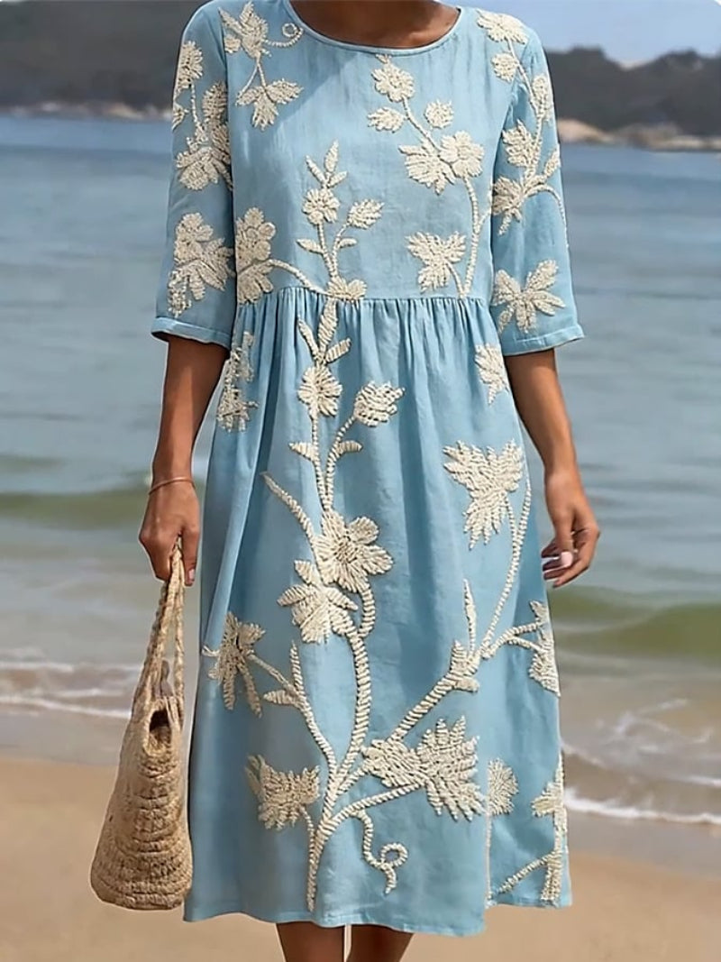 Damen Strand Maxikleid | Besticktes Blumenmuster – Luftiger Schnitt, 3/4 Ärmel & Boho Sommer Stil