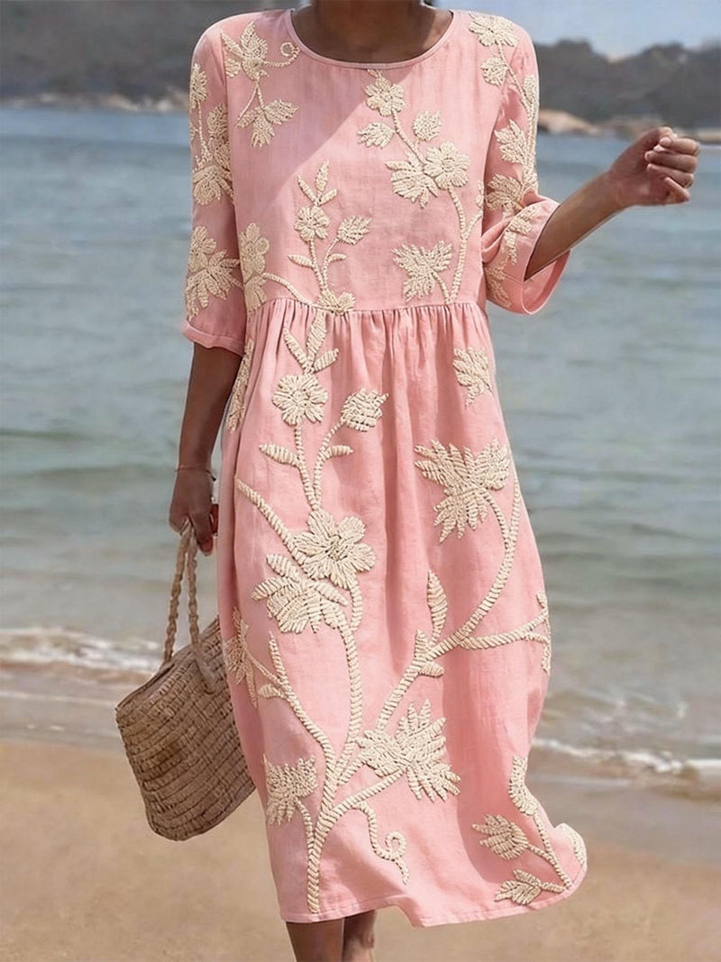 Damen Strand Maxikleid | Besticktes Blumenmuster – Luftiger Schnitt, 3/4 Ärmel & Boho Sommer Stil