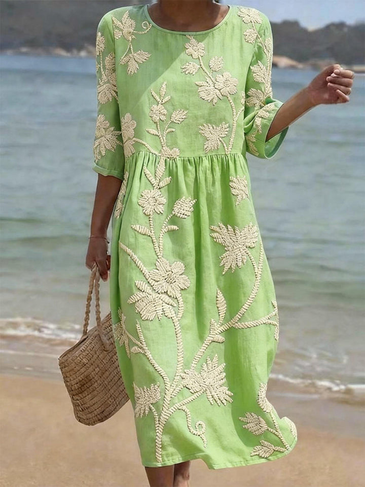 Damen Strand Maxikleid | Besticktes Blumenmuster – Luftiger Schnitt, 3/4 Ärmel & Boho Sommer Stil