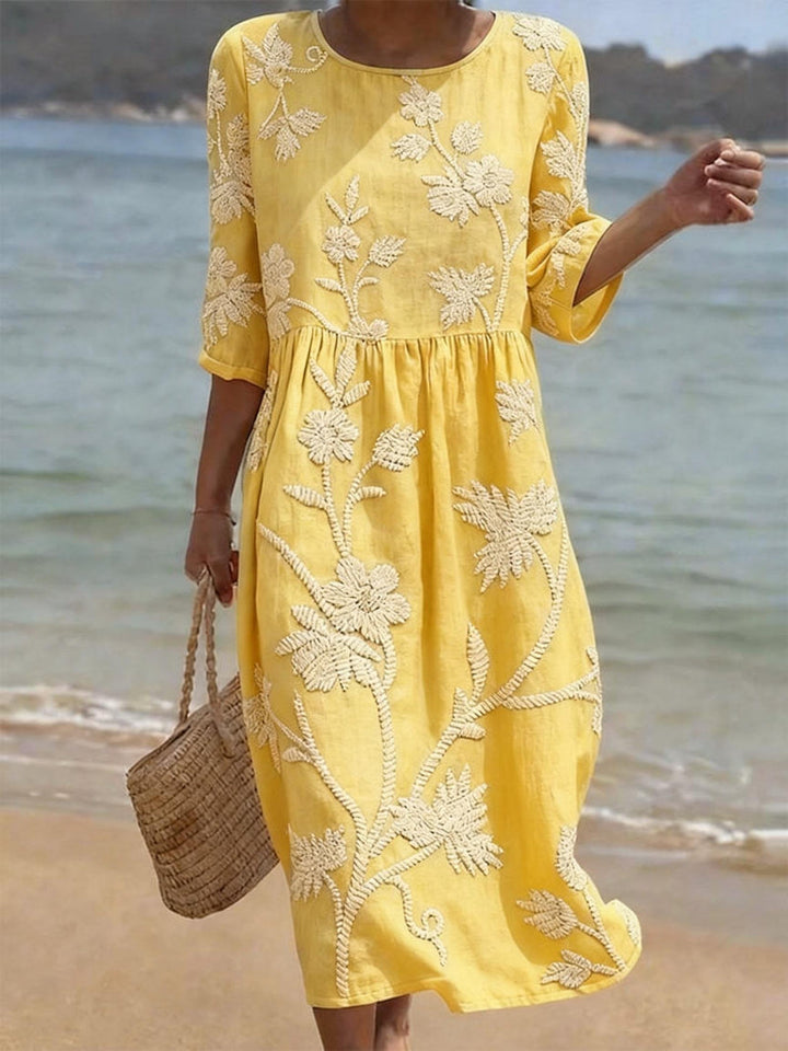 Damen Strand Maxikleid | Besticktes Blumenmuster – Luftiger Schnitt, 3/4 Ärmel & Boho Sommer Stil